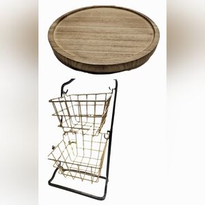 2 Home Decor Items, Two-Tier Wire Basket & Round Wood Tray